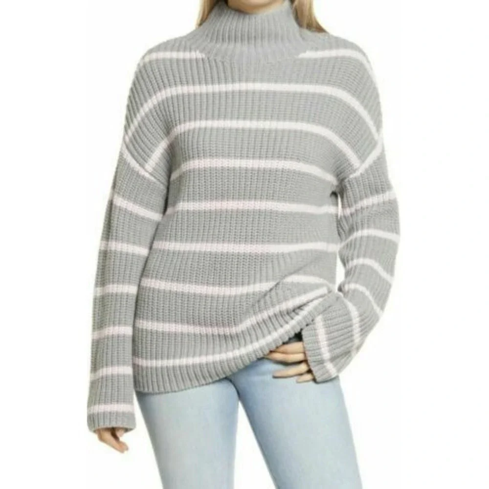 Caslon Women's Shaker Mock Neck Knit Yarn Sweater Pink Stripe‎ Large L